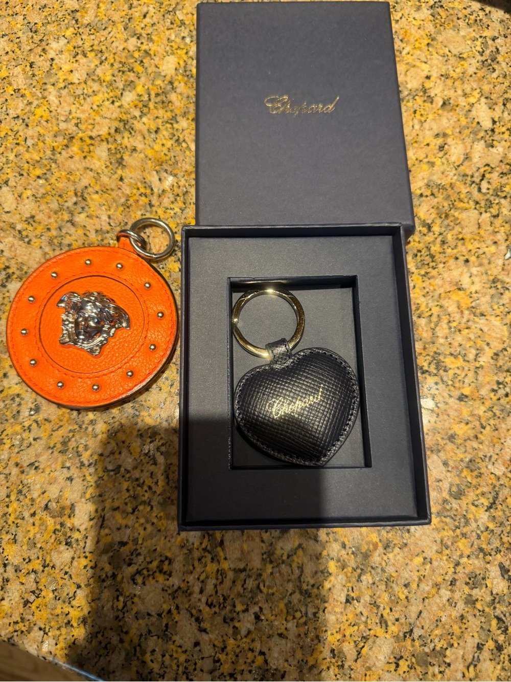 Chopard Black Heart Leather Key Holder with Gold Ring & Versace keychain